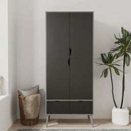 Urbn-Living Urbnliving 180Cm Height Grey Wardrobe With Black 2 Door 2 Drawer Scandi Legs Cupboard Hanging Rail Unit - thumbnail 2