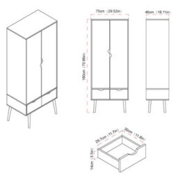 Urbn-Living Urbnliving 180Cm Height Grey Wardrobe With Black 2 Door 2 Drawer Scandi Legs Cupboard Hanging Rail Unit - thumbnail 8