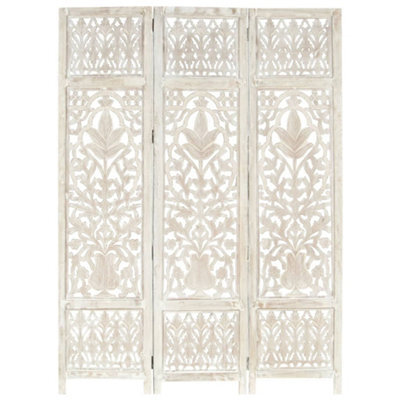 Berkfield Hand Carved 3-Panel Room Divider White 120X165 Cm Solid Mango Wood - image 1