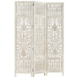 Berkfield Hand Carved 3-Panel Room Divider White 120X165 Cm Solid Mango Wood - thumbnail 9