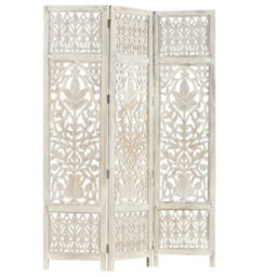 Berkfield Hand Carved 3-Panel Room Divider White 120X165 Cm Solid Mango Wood - thumbnail 8