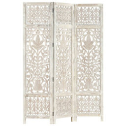 Berkfield Hand Carved 3-Panel Room Divider White 120X165 Cm Solid Mango Wood - thumbnail 5