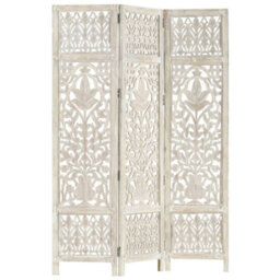 Berkfield Hand Carved 3-Panel Room Divider White 120X165 Cm Solid Mango Wood - thumbnail 7