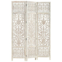 Berkfield Hand Carved 3-Panel Room Divider White 120X165 Cm Solid Mango Wood - thumbnail 6
