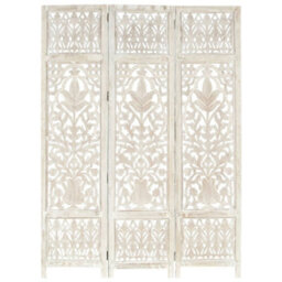 Berkfield Hand Carved 3-Panel Room Divider White 120X165 Cm Solid Mango Wood