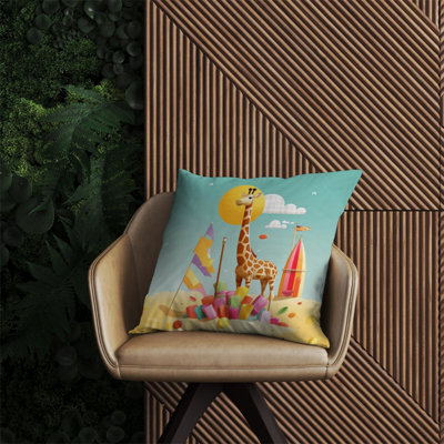 Warren Reed Designer A Giraffe On A Beach Holiday Outdoor Cushion 60Cm X 60Cm