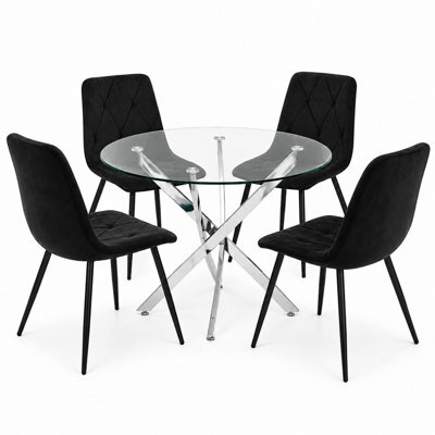Oira Homes Modern Round Glass Dining Table Set With 4 Black Velvet Chairs 4 Seater Dining Table Set - image 1