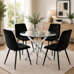Oira Homes Modern Round Glass Dining Table Set With 4 Black Velvet Chairs 4 Seater Dining Table Set - thumbnail 2