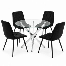 Oira Homes Modern Round Glass Dining Table Set With 4 Black Velvet Chairs 4 Seater Dining Table Set - thumbnail 1
