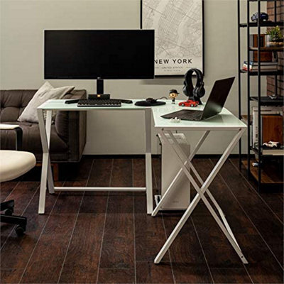 "Simpa 51"" White Modern X-Frame Corner Computer Desk With Tempered Glass Top"