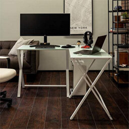 "Simpa 51"" White Modern X-Frame Corner Computer Desk With Tempered Glass Top"