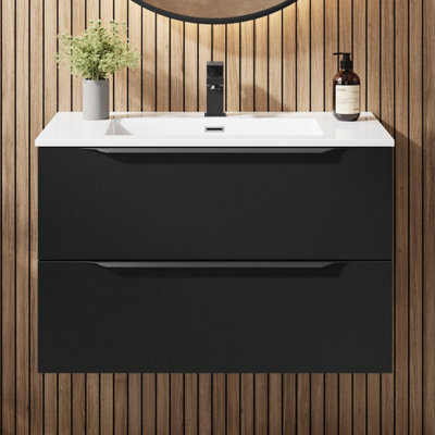 Affine 800mm Bathroom Vanity Unit Basin Wall Hung Furniture 2 Soft Close Drawers Black - image 1