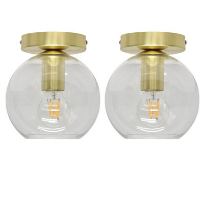 First Choice Lighting Set Of 2 Barnum - Clear Glass Globe Satin Brass Ceiling Light Fittings - image 1