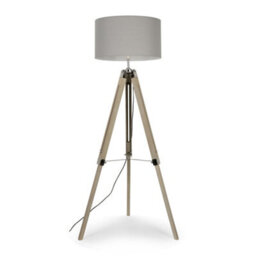 Valuelights Clipper Modern Light Wood & Chrome Tripod Floor Lamp With Grey Drum Shade - Complete With 6W Led Bulb 3000K Warm White
