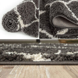 The Rugs Moroccan Shaggy Rugs And Runners Soft Fluffy Trellis Design High Pile Dark Grey And Ivory Living Room Kitchen Hallway 640 - thumbnail 3
