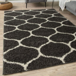 The Rugs Moroccan Shaggy Rugs And Runners Soft Fluffy Trellis Design High Pile Dark Grey And Ivory Living Room Kitchen Hallway 640