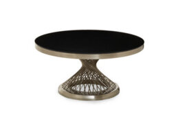 Orsina Coffee Table With Silver Base, Round Black Glass Top Modern Coffee Table, Contemporary Coffee Table