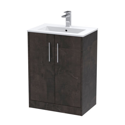 Hudson Reed Juno Floor Standing 2 Soft Close Door Vanity Unit With Minimalist 1 Tap Hole Basin In Metallic Slate Finish, 600mm - image 1