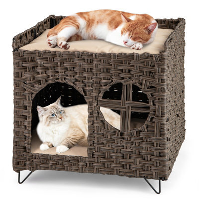 Costway Foldable 2-Tier Rattan Cat House Wicker Kitten Condo W/ Elevated Perch - image 1