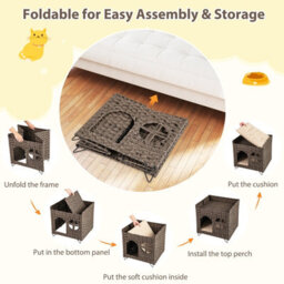 Costway Foldable 2-Tier Rattan Cat House Wicker Kitten Condo W/ Elevated Perch - thumbnail 4