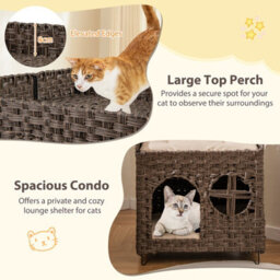 Costway Foldable 2-Tier Rattan Cat House Wicker Kitten Condo W/ Elevated Perch - thumbnail 7
