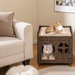 Costway Foldable 2-Tier Rattan Cat House Wicker Kitten Condo W/ Elevated Perch - thumbnail 5