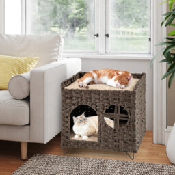 Costway Foldable 2-Tier Rattan Cat House Wicker Kitten Condo W/ Elevated Perch - thumbnail 6
