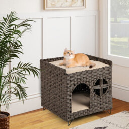 Costway Foldable 2-Tier Rattan Cat House Wicker Kitten Condo W/ Elevated Perch - thumbnail 3
