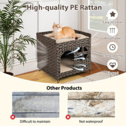 Costway Foldable 2-Tier Rattan Cat House Wicker Kitten Condo W/ Elevated Perch - thumbnail 9