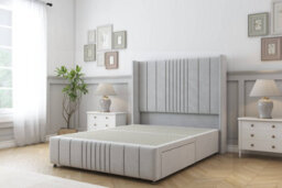 "Sloomy Hargrave Silver Plush Divan Bed Base 2 Drawers Foot-End-54"" Wingback Headboard & 12"" Footboard 5' King"