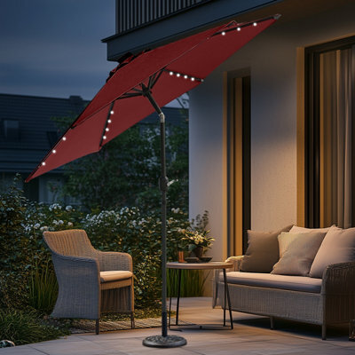 Sundaze Wine Red 2.5M  Round Garden Parasol Umbrella Outdoor Patio Solar Led Lights Crank Tilt With Base - image 1
