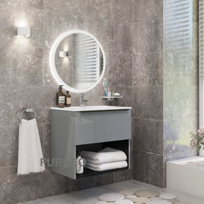 Furneo Bathroom Vanity Unit Floating Storage Basin Gloss Grey 1-Drawer 60Cm With Matt Black Handle - image 1