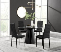 Furniturebox Uk Palma Black Semi Gloss Round Pedestal Dining Table & 4 Black Faux Leather Milan Black Leg Chairs - thumbnail 1