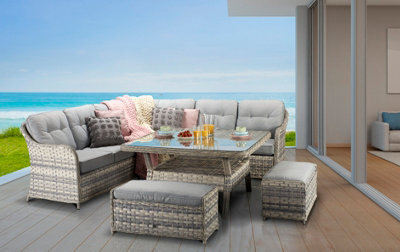 Signature Weave Constance Wicker Large Corner Sofa Dining Table Set Benches Grey - image 1