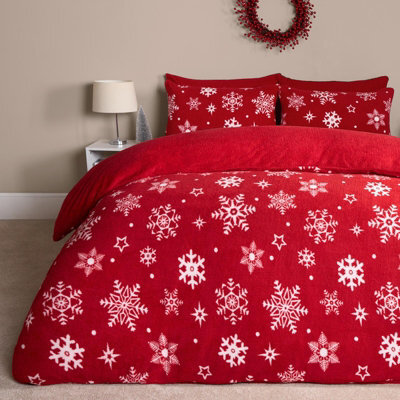 OHS Snowflake Teddy Fleece Duvet Cover Bedding Winter Christmas, Red - Double