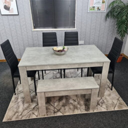 Kosy Koala Grey Wooden Kitchen Dining Table Set For 4 With 4 Black Leather Chairs And Grey Bench