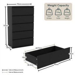 Black  5 Drawer Chest Of Drawers Storage Cabinet Bedroom Furniture - thumbnail 3