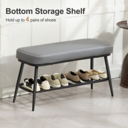 Wyld Haus Hanoke Grey Faux Leather Shoe Storage Bench With Cushioned Seat And Black Metal Frame - thumbnail 5