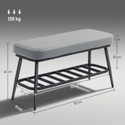 Wyld Haus Hanoke Grey Faux Leather Shoe Storage Bench With Cushioned Seat And Black Metal Frame - thumbnail 3