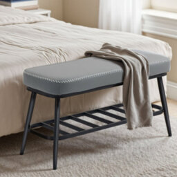 Wyld Haus Hanoke Grey Faux Leather Shoe Storage Bench With Cushioned Seat And Black Metal Frame - thumbnail 7