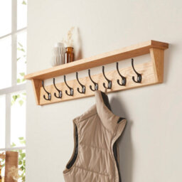 Off The Grain Wall Mounted Solid Oak Coat Rack With Storage Shelf -  8 Hooks