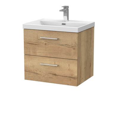 Balterley Pershall Contemporary Wall Hung 2 Drawer Vanity Unit With Thin-Edge Ceramic Basin, 600mm, Autumn Oak - image 1