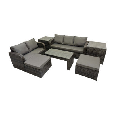Fimous Rattan Garden Outdoor Furniture Set 3 Seater Sofa Love Sofa Coffee Table With 2 Big Footstools 2 Side Tables - image 1