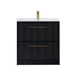 Royal Bathrooms Livora 800mm Black Woodgrain Floor Standing Vanity Unit 2 Drawer With Ceramic Basin & Brushed Brass Handle - thumbnail 5