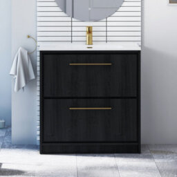 Royal Bathrooms Livora 800mm Black Woodgrain Floor Standing Vanity Unit 2 Drawer With Ceramic Basin & Brushed Brass Handle - thumbnail 1