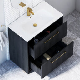 Royal Bathrooms Livora 800mm Black Woodgrain Floor Standing Vanity Unit 2 Drawer With Ceramic Basin & Brushed Brass Handle - thumbnail 4