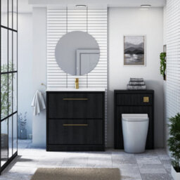 Royal Bathrooms Livora 800mm Black Woodgrain Floor Standing Vanity Unit 2 Drawer With Ceramic Basin & Brushed Brass Handle - thumbnail 3