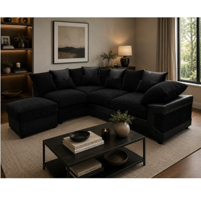 Dino Fabric Left Hand Facing Corner Sofa Foam Seating Black-Black - image 1