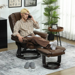 Homcom Swivel Manual Recliner And Footrest Set Pu Leather Chair Brown