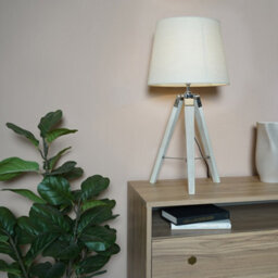 Valuelights Clipper Modern Distressed Wood And Silver Chrome Tripod Table Lamp With Beige Light Shade - thumbnail 2